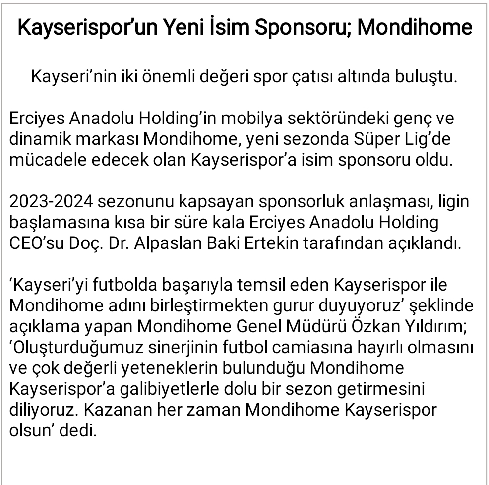 KAYSERİSPOR'UN YENİ SPONSORU MONDİHOME 