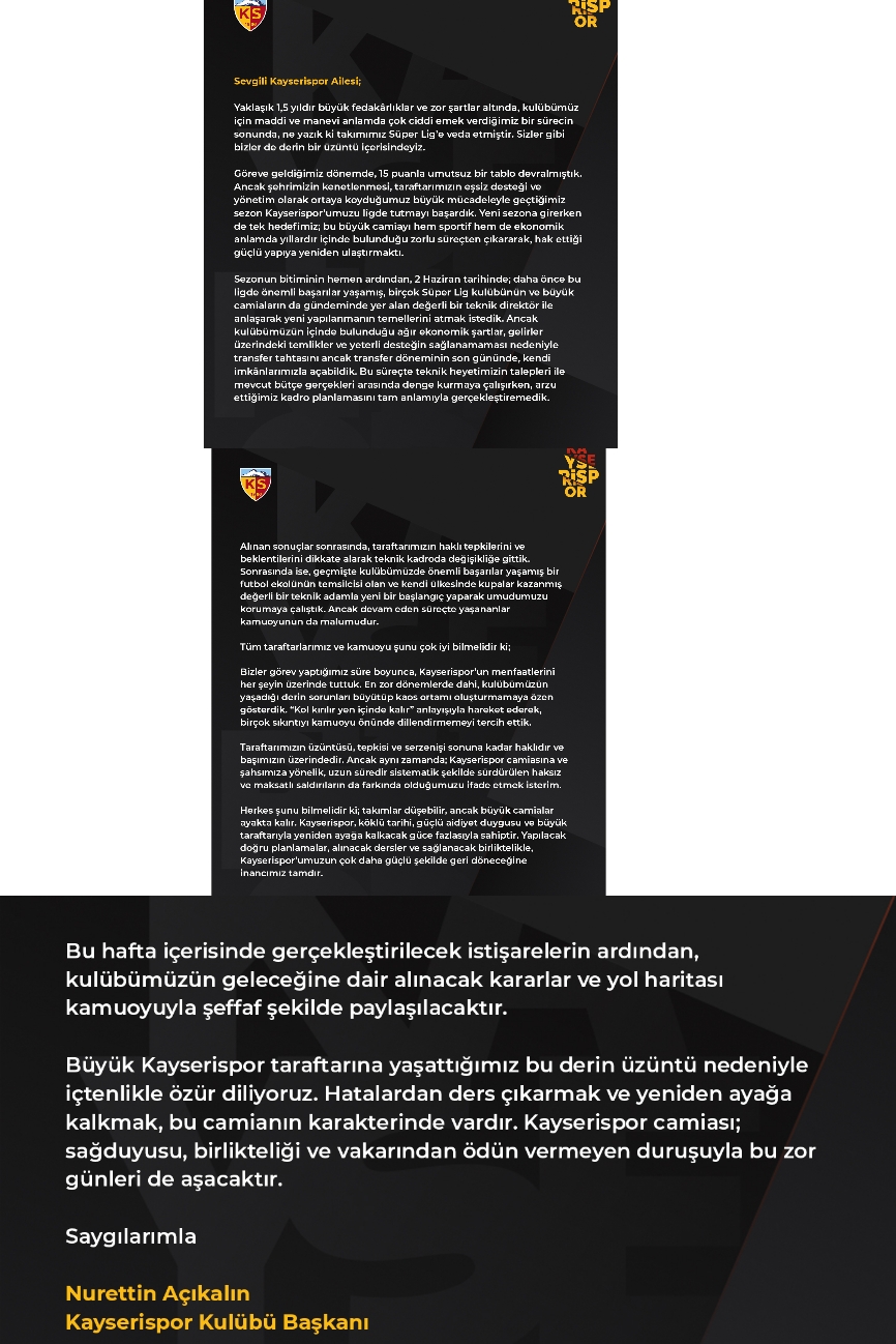KAYSERİSPOR BAŞKANI AÇIKALINDAN AÇIKLAMA 
