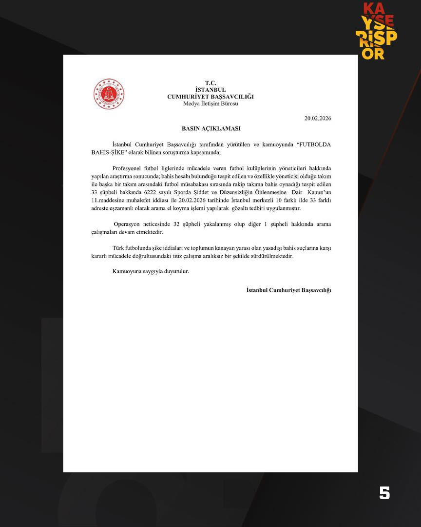 KAYSERİSPOR'DAN KAMUOYUNA BİLGİLENDİRME