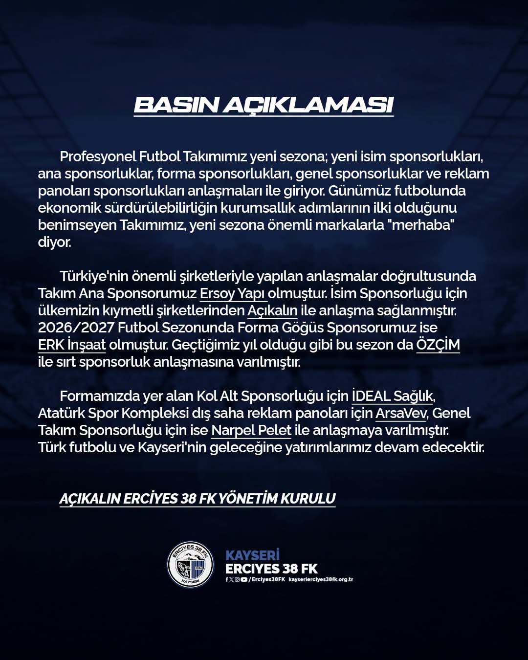 ERCİYES 38 FK'DAN SPONSORLUK AÇIKLAMASI 