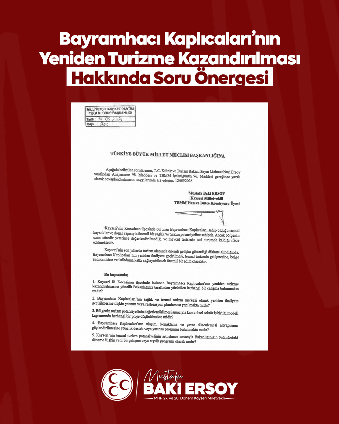 ERSOY’DAN BAYRAMHACI KAPLICALARI İÇİN ÖNERGE