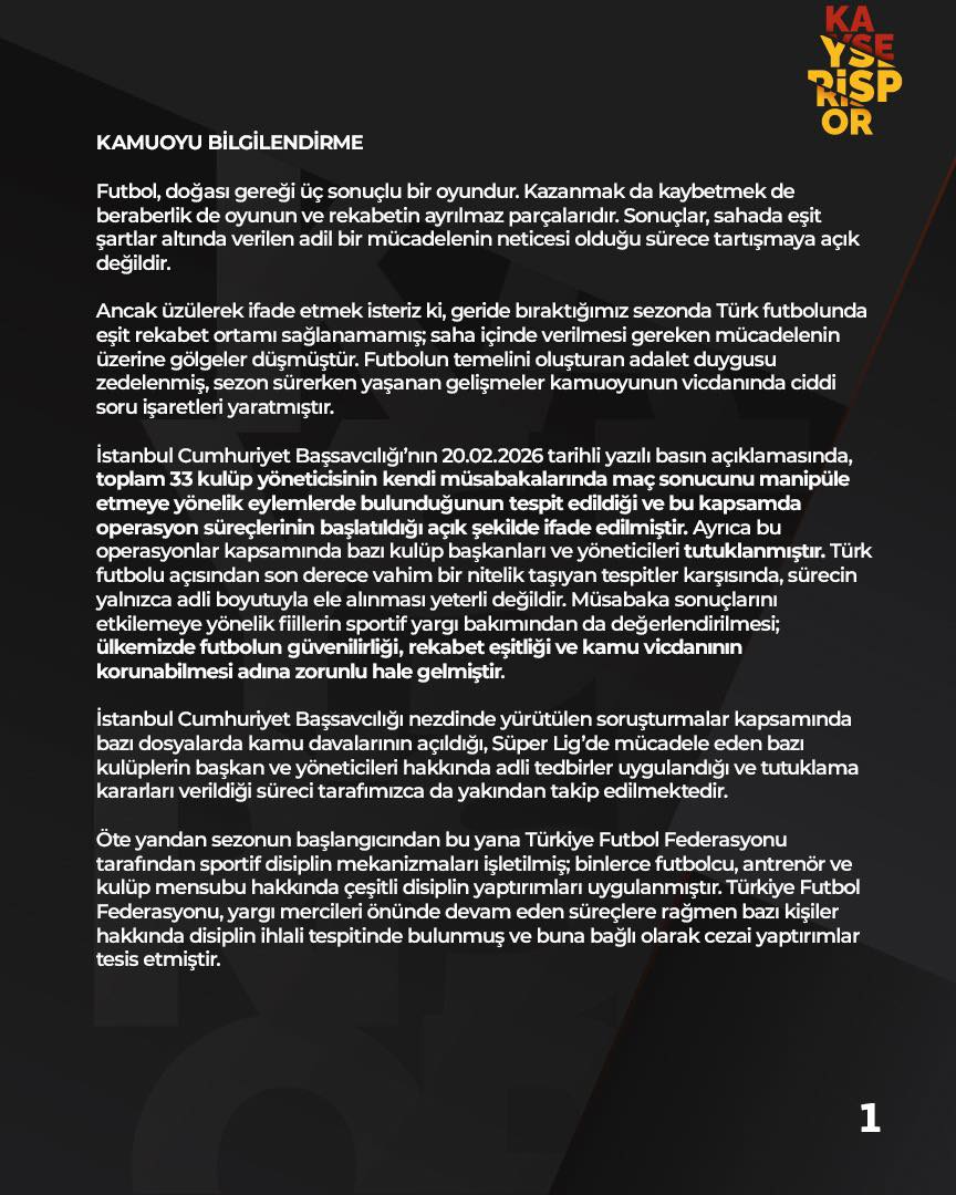 KAYSERİSPOR'DAN KAMUOYUNA BİLGİLENDİRME