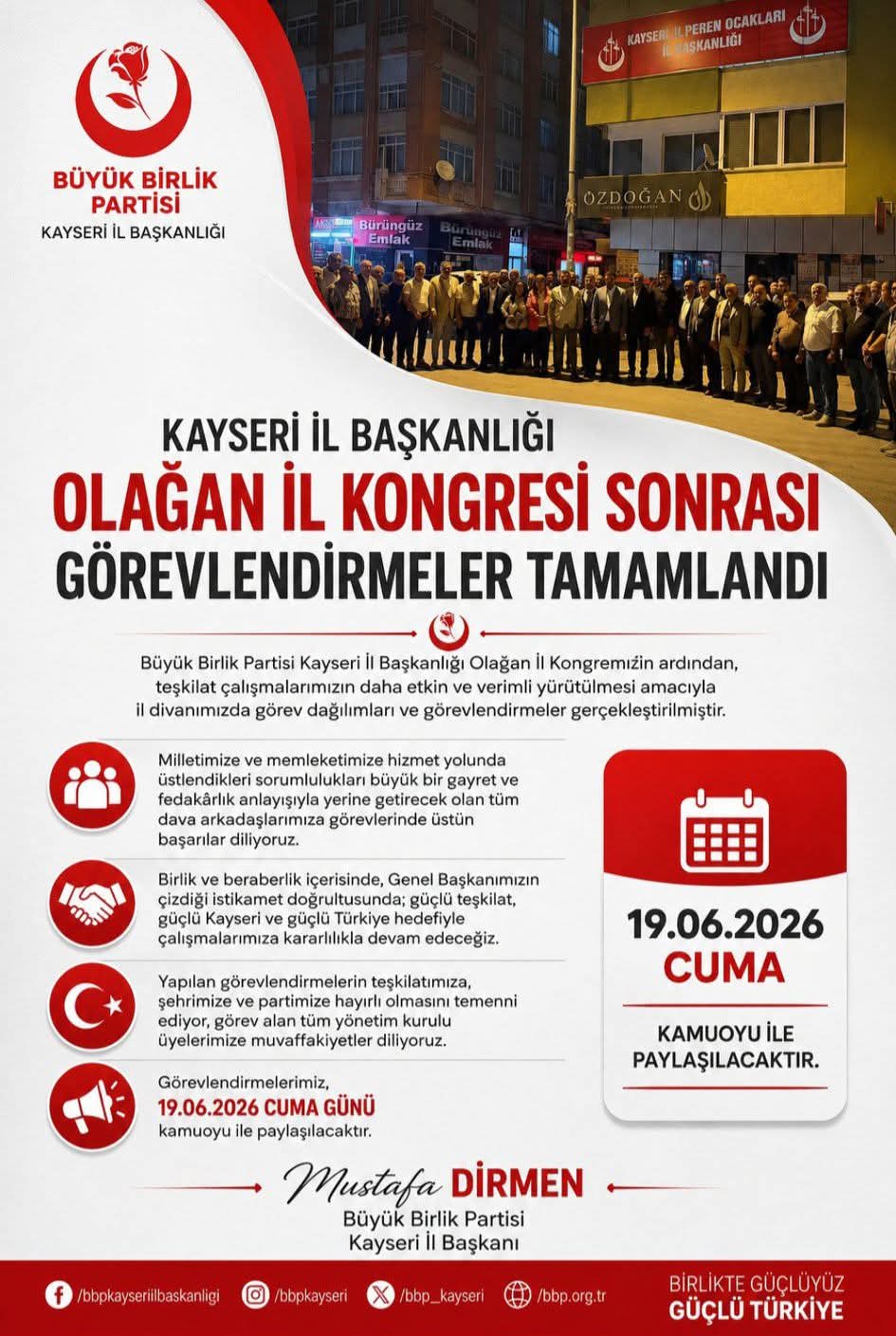 BBP'DE OLAĞAN İL KONGRESİ SONRASI GÖREVLENDİRMELER TAMAMLANDI