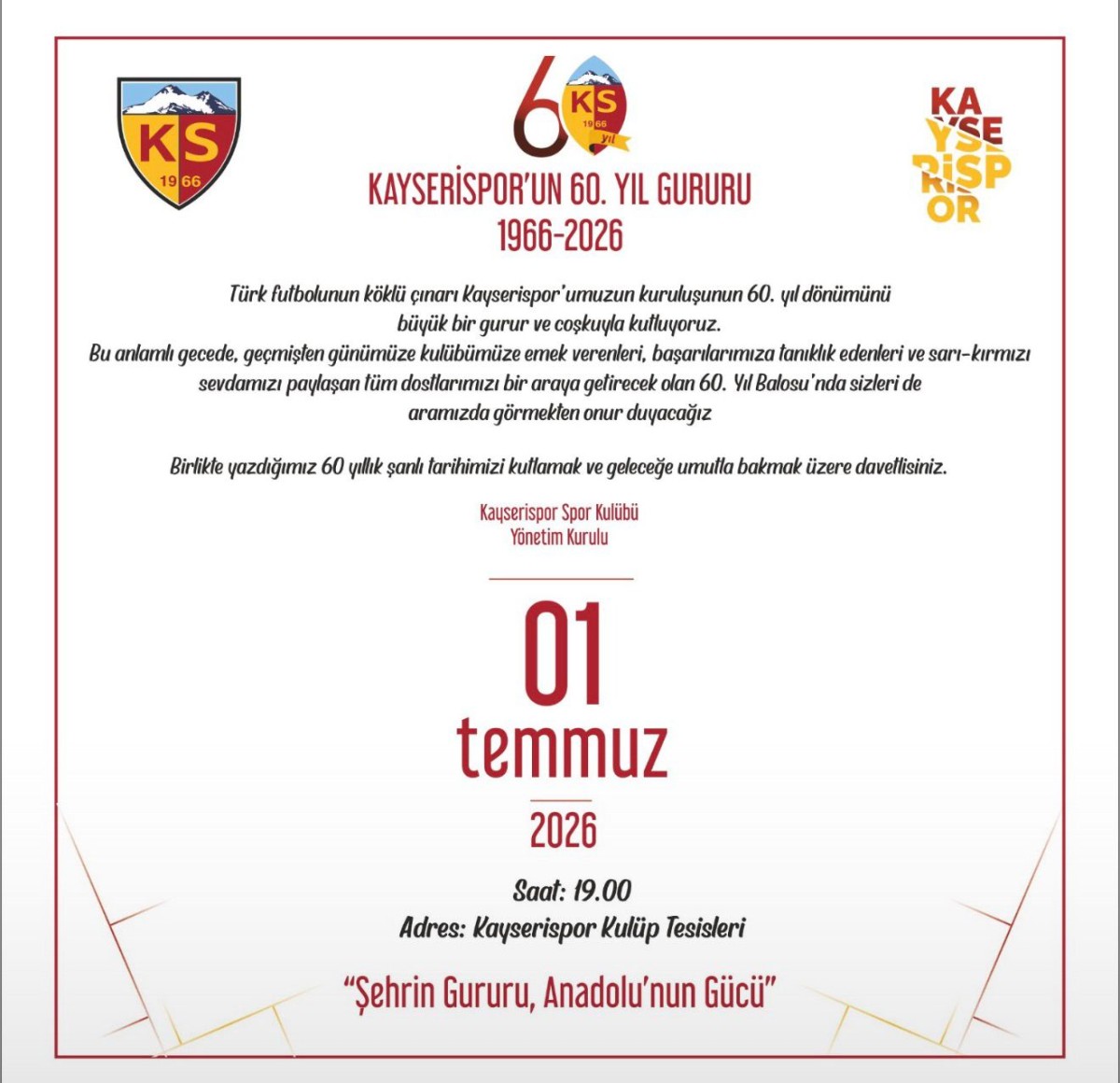 KAYSERİSPOR, 60. YlLlNl KUTLAYACAK